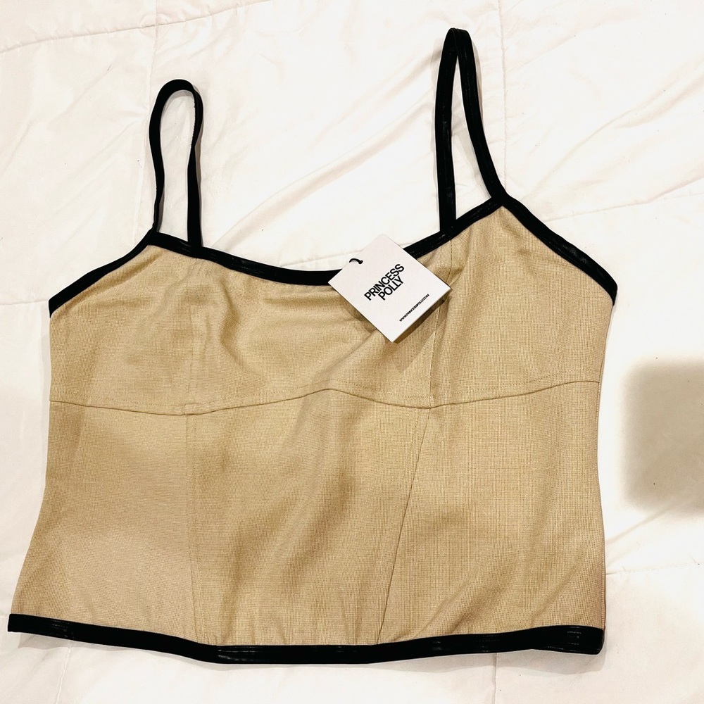 Princess Polly Thalorien Corset Top Beige Tan Leather Trim Boning Sexy 12 Large